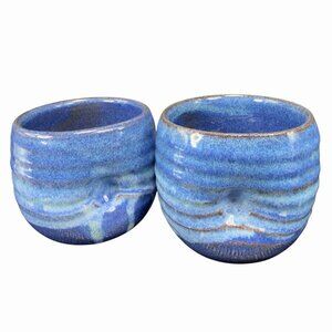 Vintage Hand Made Stoneware Cups Glasses Set 2 Signed FSR Pinched Blue Glaze